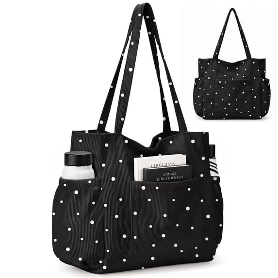 Gocvo Multiple Pockets Corduroy Bag, Large Tote Bag for Women, Ladies Bag Casual Hobo Handbags(Black White Dots)
