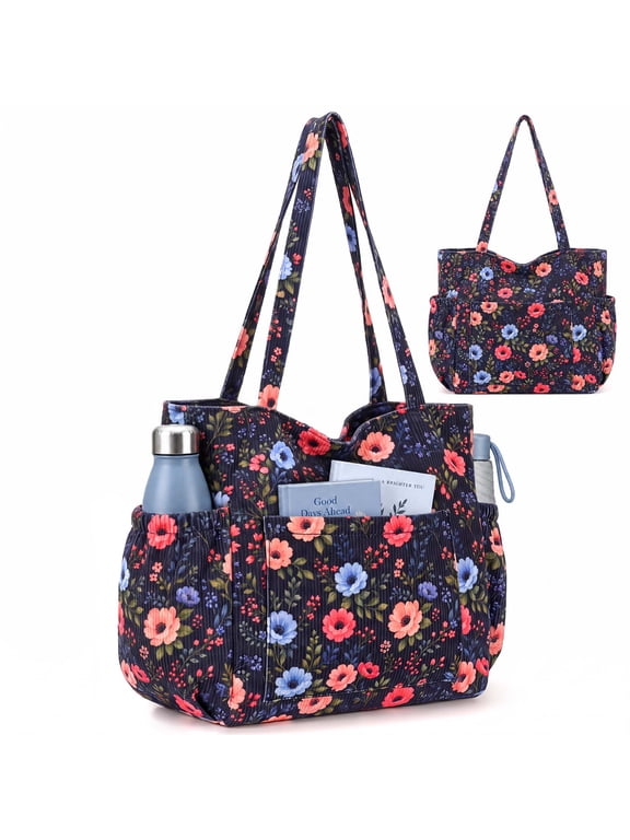 Multiple Pockets Corduroy Bag, Large Tote Bag for Women, Ladies Bag Casual Hobo Handbags(Deep Blue Flower)