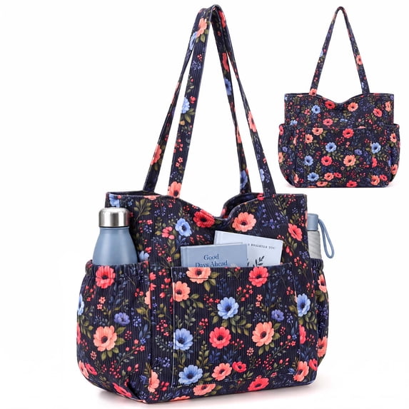 Gocvo Multiple Pockets Corduroy Bag, Large Tote Bag for Women, Ladies Bag Casual Hobo Handbags(Deep Blue Flower)