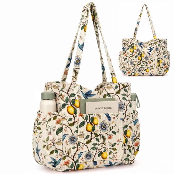Gocvo Multiple Pockets Corduroy Bag, Large Tote Bag for Women, Ladies Bag Casual Hobo Handbags(Lemon Hummingbird)