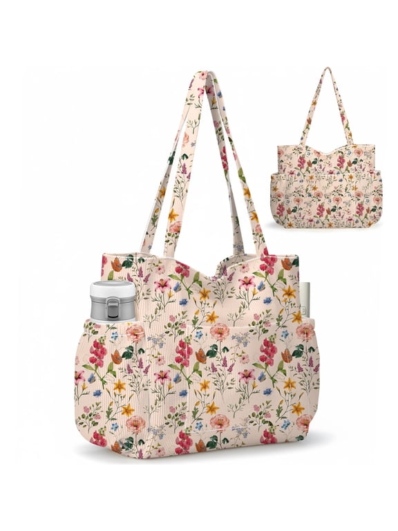 Multiple Pockets Corduroy Bag, Large Tote Bag for Women, Ladies Bag Casual Hobo Handbags(Retro Flower)