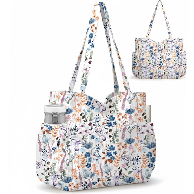 Gocvo Multiple Pockets Corduroy Bag, Large Tote Bag for Women, Ladies Bag Casual Hobo Handbags(Watercolor Flower)