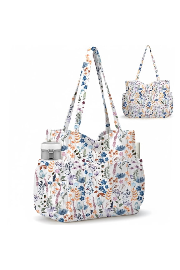 Multiple Pockets Corduroy Bag, Large Tote Bag for Women, Ladies Bag Casual Hobo Handbags(Watercolor Flower)