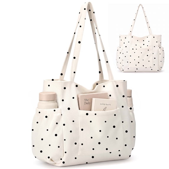 Gocvo Multiple Pockets Corduroy Bag, Large Tote Bag for Women, Ladies Bag Casual Hobo Handbags(White Black Dots)