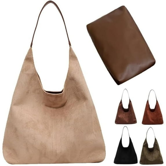 Gocvo Retro Faux Suede Bags for Women Suede Tote Bag with Purse Slouchy Bag Hobo Handbag Crescent Satchels Shoulder Bag|Beige