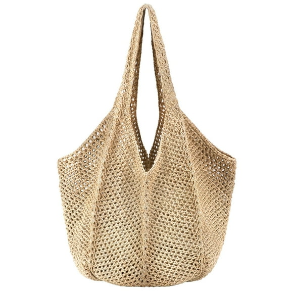 Gocvo Crochet Tote Bag Boho	Bag for Women, Lightweight Summer Beach Tote Travel Vacation Bag(Khaki)