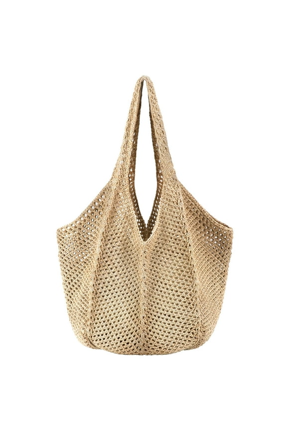 Crochet Tote Bag Boho Bag for Women, Lightweight Summer Beach Tote Travel Vacation Bag(Khaki)