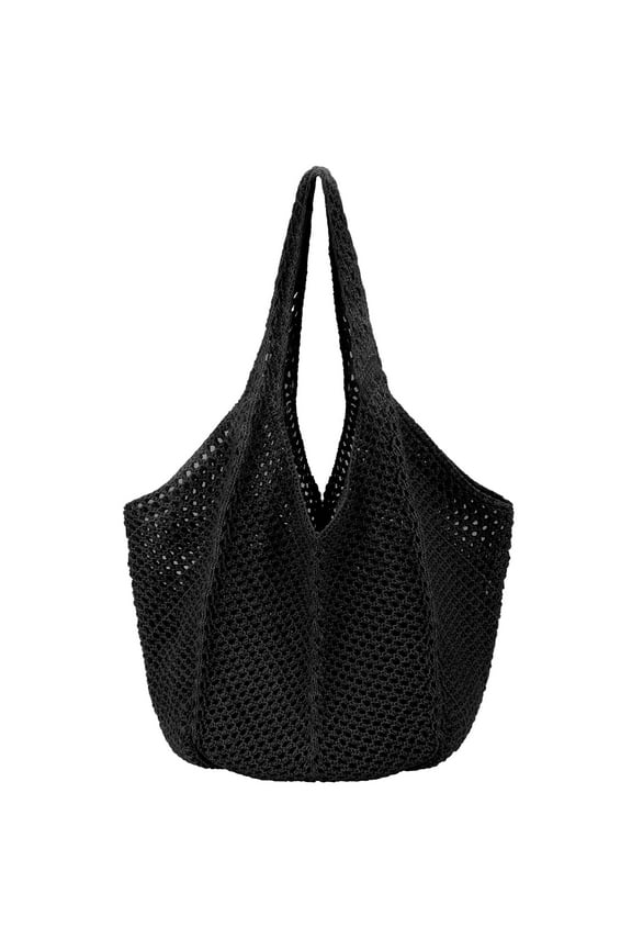 Crochet Tote Bag Boho Bag for Women, Lightweight Summer Beach Tote Travel Vacation Bag (Black)