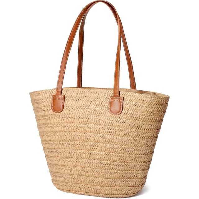 Gocvo Straw Beach Bag for Womens, Crossbody Shoulder Tote Bag with Zipper Vacation Purse for Summer