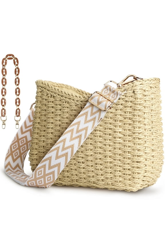 Beach Straw Bags for Women, Summer Chic Woven Bag Classic Womens Straw Handbags Straw Crossbody Bag with Chain (Beige)