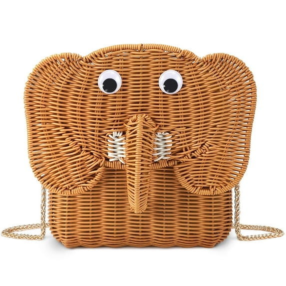 Gocvo Summer Handmade Woven Bag for Women Chain Shoulder Beach Bag Vacation Rattan Crossbody Bag Cute Gifts for Women | Elephant