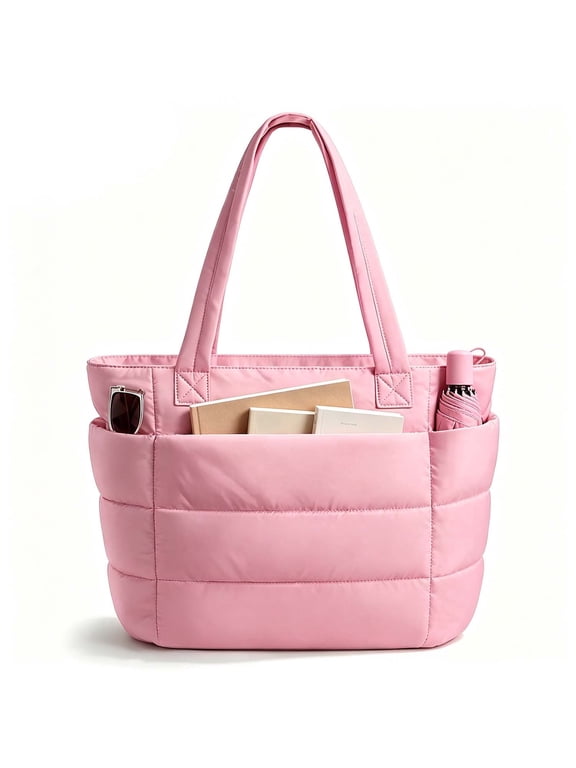 Tote Bag for Women, Large Capacity Lightweight Puffer Bag, Waterproof Shoulder Bag for Women for Daily Travel, Gym, Work(Pink)