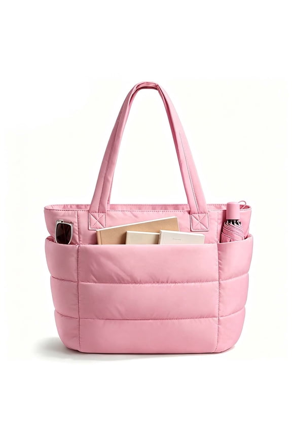 Tote Bag for Women, Large Capacity Lightweight Puffer Bag, Waterproof Shoulder Bag for Women for Daily Travel, Gym, Work(Pink)