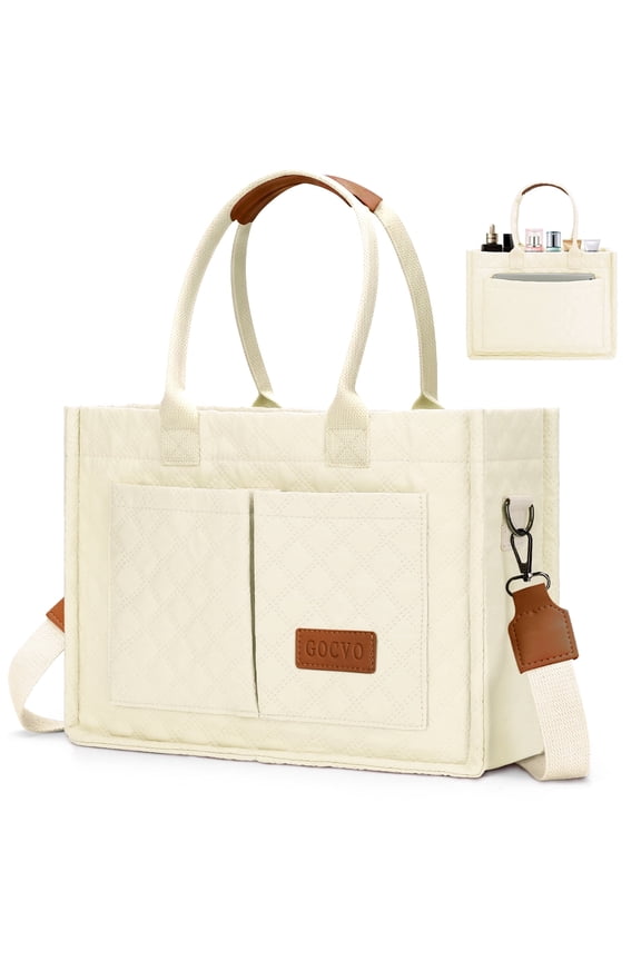 Tote Bag for Women, Lightweight Puffer Bag with Diagonal Check, Quilted Tote Bag with Compartments for Travel, Work(Beige)