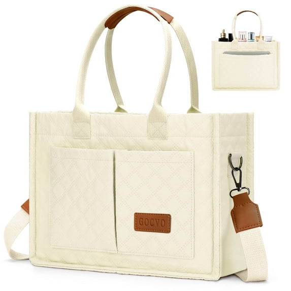 Gocvo Tote Bag for Women, Lightweight Puffer Bag with Diagonal Check, Quilted Tote Bag with Compartments for Travel, Work(Beige)