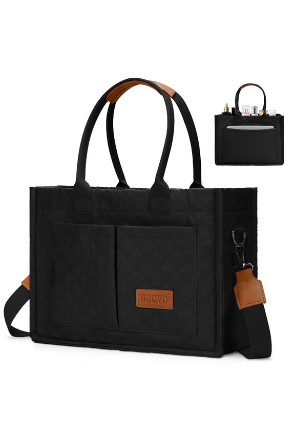 Tote Bag for Women, Lightweight Puffer Bag with Diagonal Check, Quilted Tote Bag with Compartments for Travel, Work(Black)