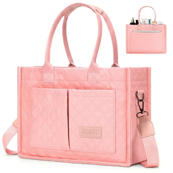 Gocvo Tote Bag for Women, Lightweight Puffer Bag with Diagonal Check, Quilted Tote Bag with Compartments for Travel, Work(Pink)