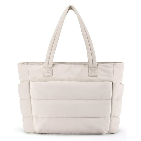 Gocvo Tote Bag for Women, Lightweight Large Puffer Tote Bag with Zipper and Compartments, Beige