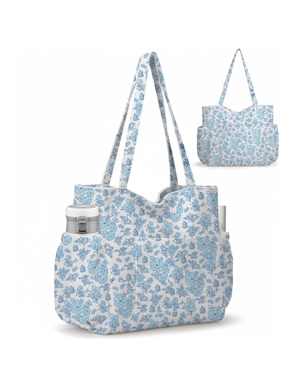 Multiple Pockets Corduroy Bag, Large Tote Bag for Women, Ladies Bag Casual Hobo Handbags(Blue Flower)