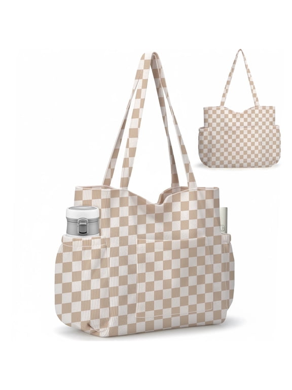 Multiple Pockets Corduroy Bag, Large Tote Bag for Women, Ladies Bag Casual Hobo Handbags(Khaki Plaid)