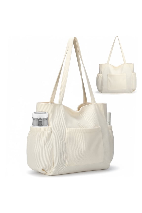 Multiple Pockets Corduroy Bag, Large Tote Bag for Women, Ladies Bag Casual Hobo Handbags(Beige)