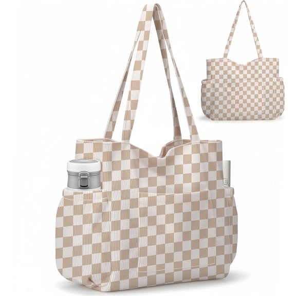 Gocvo Multiple Pockets Corduroy Bag, Large Tote Bag for Women, Ladies Bag Casual Hobo Handbags(Khaki Plaid)