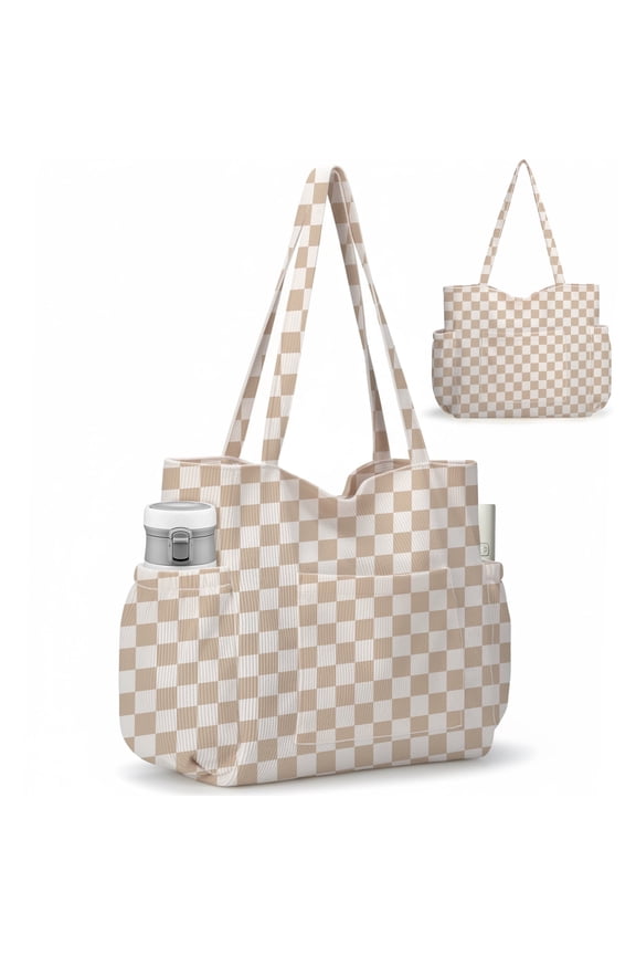 Multiple Pockets Corduroy Bag, Large Tote Bag for Women, Ladies Bag Casual Hobo Handbags(Khaki Plaid)