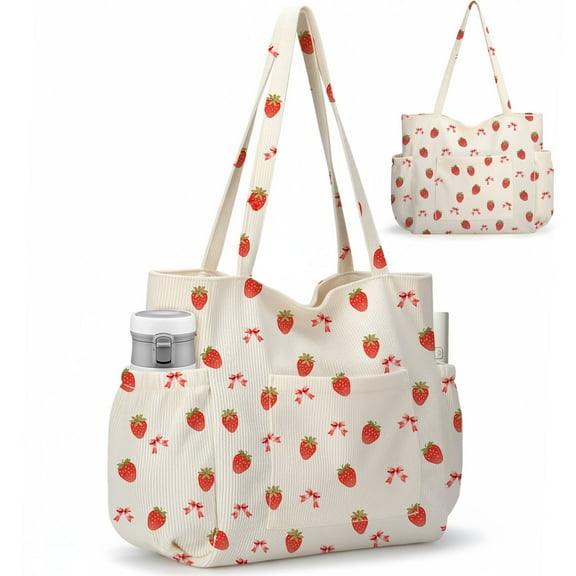 Gocvo Multiple Pockets Corduroy Bag, Large Tote Bag for Women, Ladies Bag Casual Hobo Handbags(Strawberry Bow)