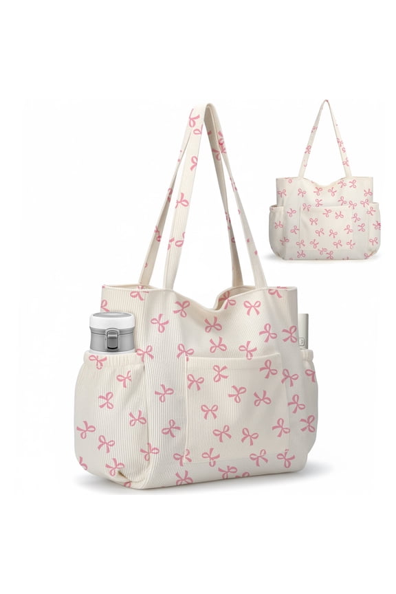 Multiple Pockets Corduroy Bag, Large Tote Bag for Women, Ladies Bag Casual Hobo Handbags(Pink Bow)