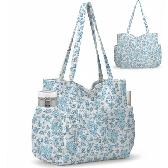 Gocvo Multiple Pockets Corduroy Bag, Large Tote Bag for Women, Ladies Bag Casual Hobo Handbags(Blue Flower)