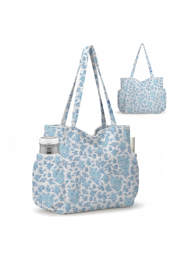 Multiple Pockets Corduroy Bag, Large Tote Bag for Women, Ladies Bag Casual Hobo Handbags(Blue Flower)