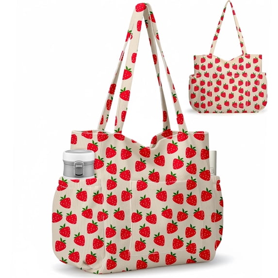 Gocvo Multiple Pockets Corduroy Bag, Large Tote Bag for Women, Ladies Bag Casual Hobo Handbags(Strawberry)