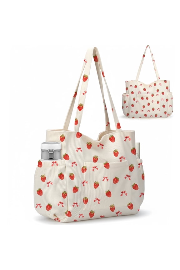 Multiple Pockets Corduroy Bag, Large Tote Bag for Women, Ladies Bag Casual Hobo Handbags(Strawberry Bow)