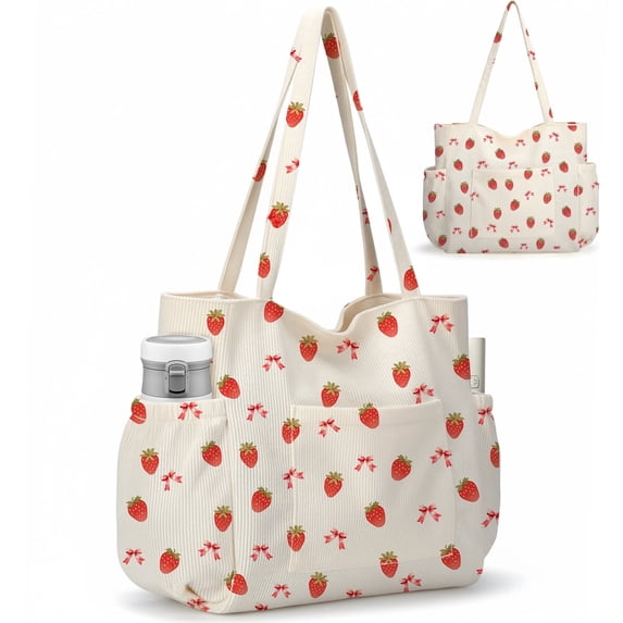 Gocvo Multiple Pockets Corduroy Bag, Large Tote Bag for Women, Ladies Bag Casual Hobo Handbags(Strawberry Bow)