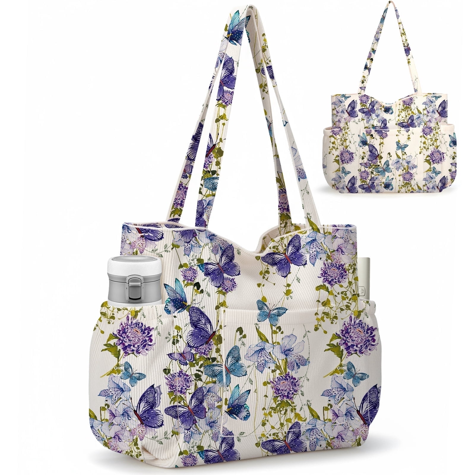 Gocvo Multiple Pockets Corduroy Bag, Large Tote Bag for Women, Ladies Bag Casual Hobo Handbags(Butterfly)