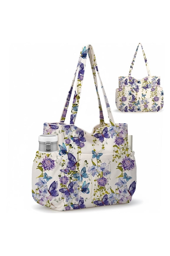 Multiple Pockets Corduroy Bag, Large Tote Bag for Women, Ladies Bag Casual Hobo Handbags(Butterfly)