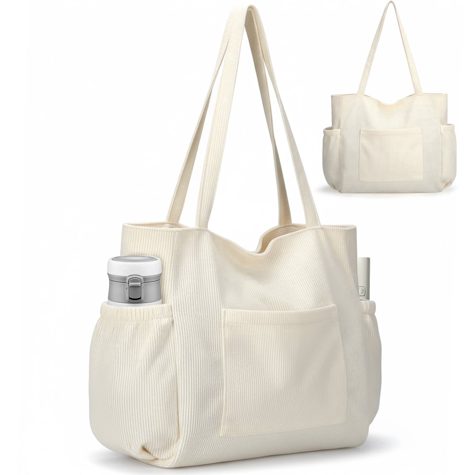 Gocvo Multiple Pockets Corduroy Bag, Large Tote Bag for Women, Ladies Bag Casual Hobo Handbags(Beige)