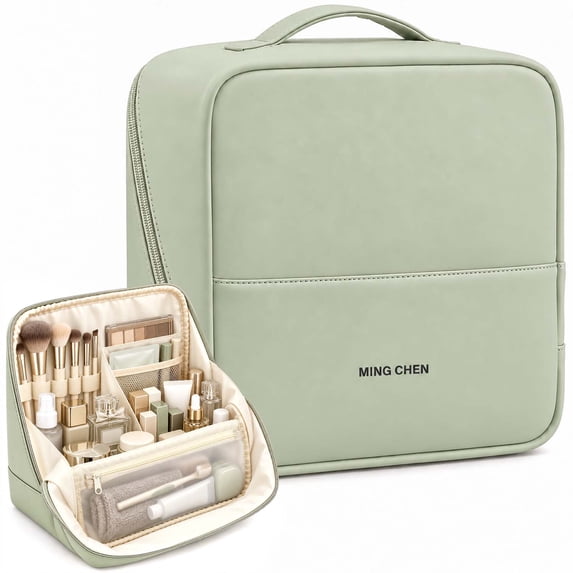 Gocvo Travel Makeup Bag, Large Waterproof Cosmetic Toiletry Bag for Women, Multi-Zone Standing Organizer for Travel,Avocado Green