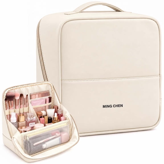 Gocvo Travel Makeup Bag, Large Waterproof Cosmetic Toiletry Bag for Women, Multi-Zone Standing Organizer for Travel,Beige Pink