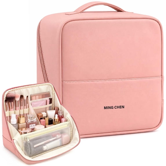 Gocvo Travel Makeup Bag, Large Waterproof Cosmetic Toiletry Bag for Women, Multi-Zone Standing Organizer for Travel,Rose Pink