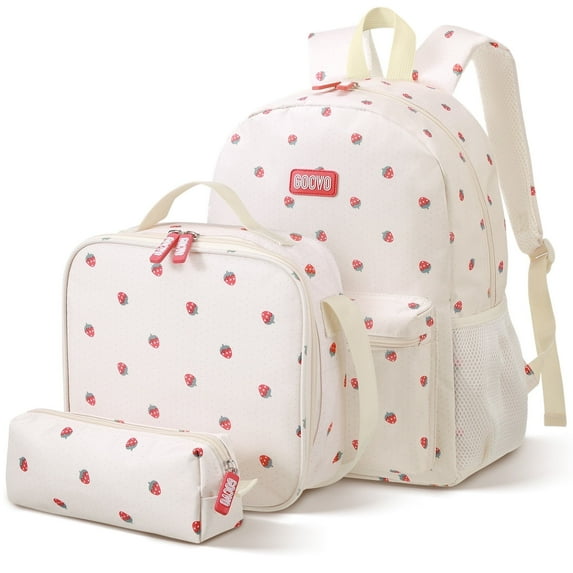 Gocvo Kids Backpack for Girls, Waterproof Teens Bookbag Cute School Backpacks, Beige Strawberry Pattern