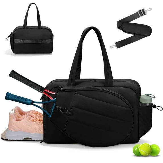 Gocvo Womens Tennis Bag with Shoe Compartment, Versatile Lightweight Tennis Racket Bag, Sports Bag for Tennis Pickleball Badminton (Black)