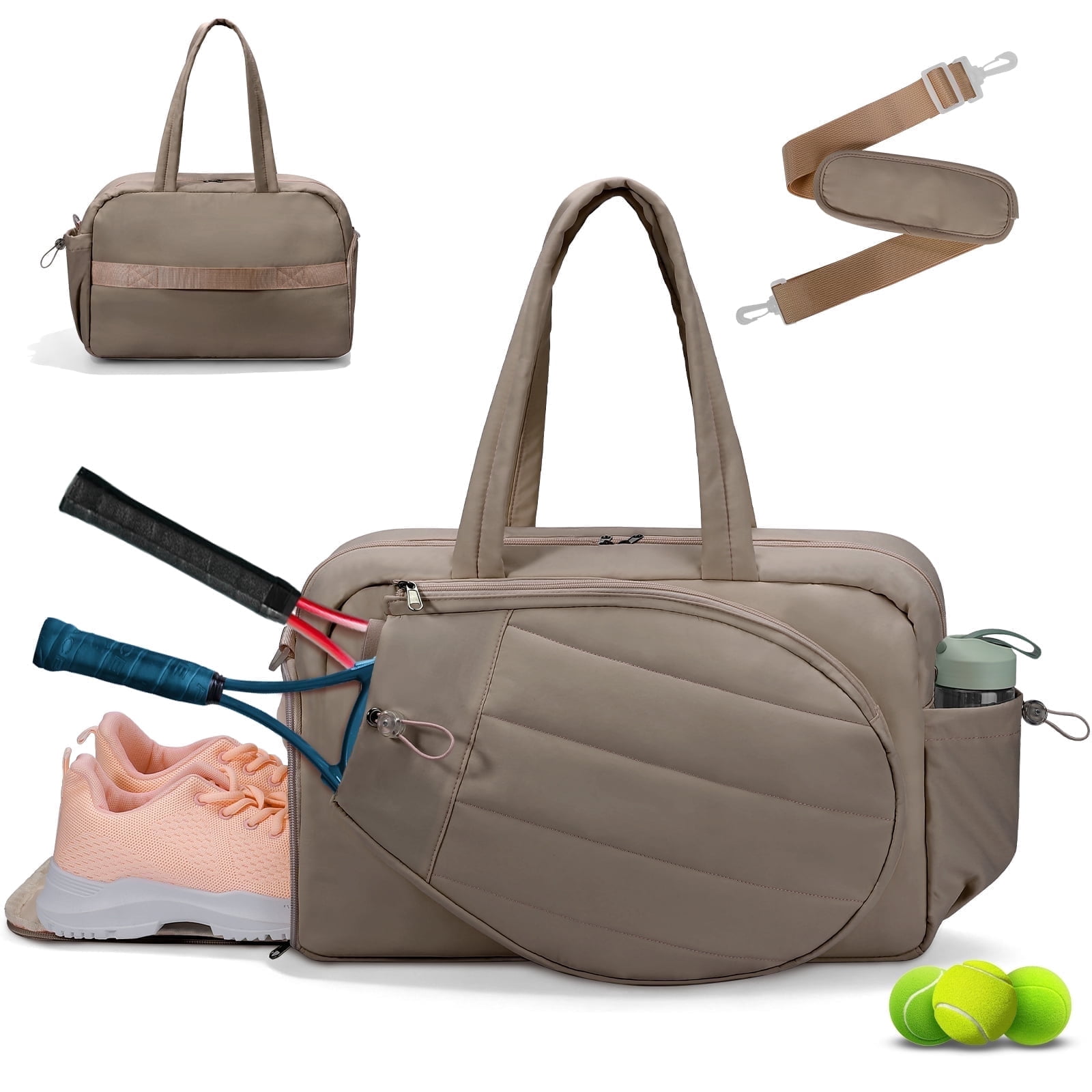 Gocvo Womens Tennis Bag with Shoe Compartment, Versatile Lightweight Tennis Racket Bag, Sports Bag for Tennis Pickleball Badminton (Camel)