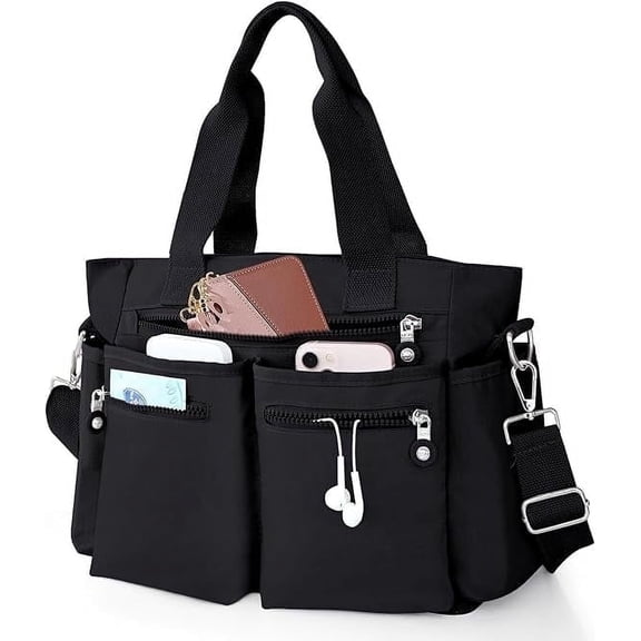 Gocvo Working Bag for Lady, Nylon Tote Bags for Women with Multiple Pockets Casual Black Handbags for Work Travel