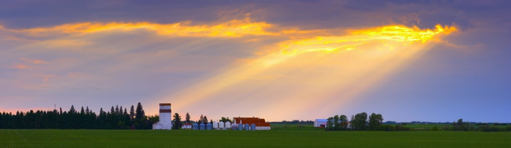 God Beams Over Prairie Farm Canvas Art - Corey Hochachka Design Pics (37 x 10)