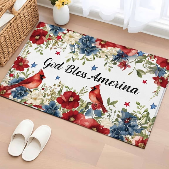 God Bless America 2'x3' Rug for Entryway Front Door Kitchen Sink Area, Cardinal Bird Red Blue Floral 4tn of July Low Pile Washable Non Slip Rectangle Area Rug
