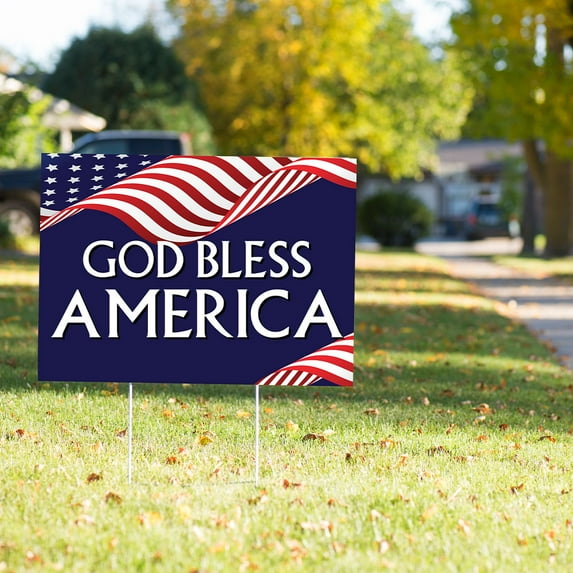 God Bless America 23in x 17in Yard Sign With Stakes, Patriotic Decoration