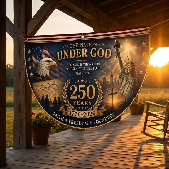 God Bless America 250th Anniversary Flag, One Nation Under God Christian Bunting, Personalized Patriotic Eagle Cross Porch Decor 1776-2026