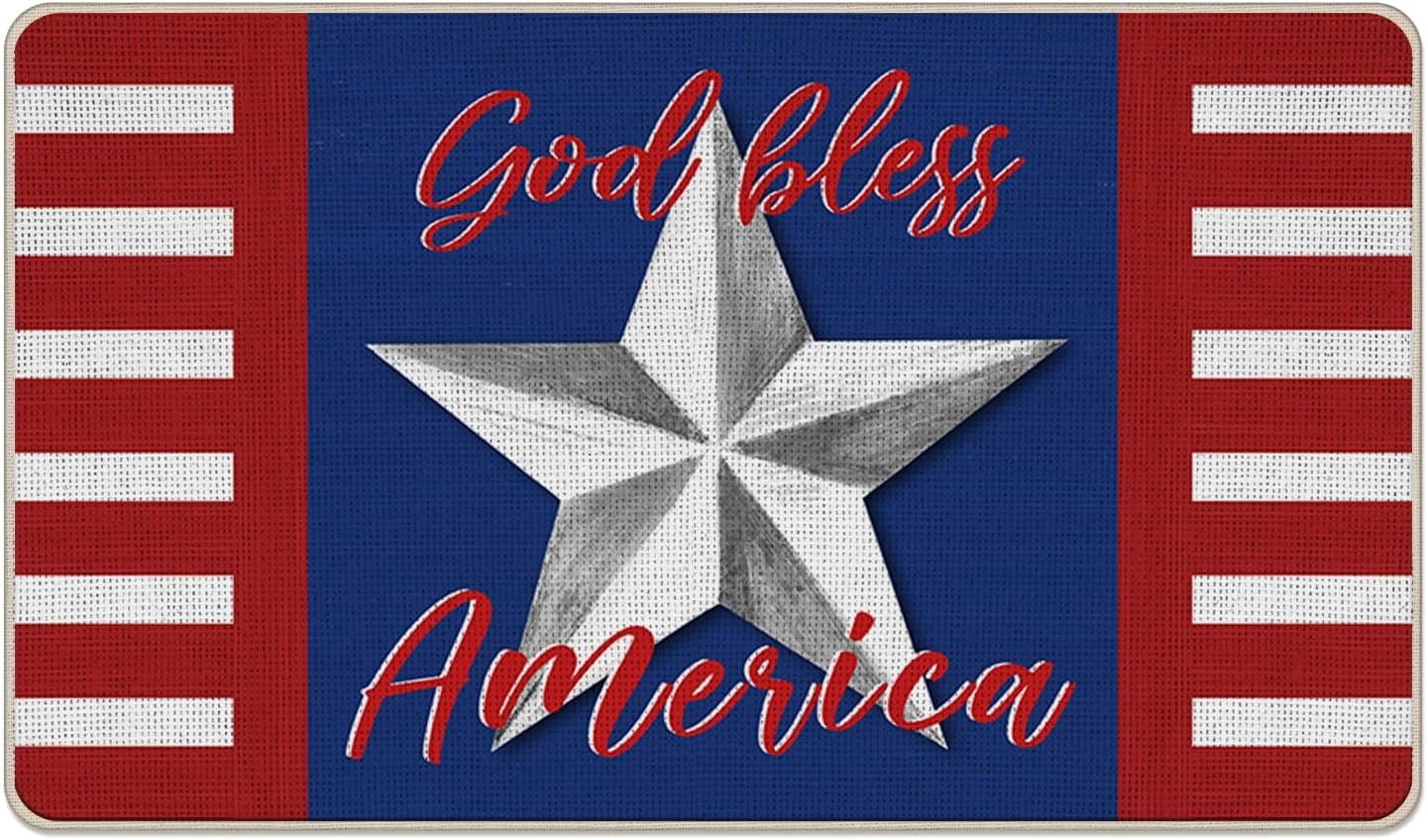 God Bless America 4th of July Patriotic Decorative Front Door Mat, USA Stars Stripes Doormat Indoor Outdoor Non-Slip Floor Entryway Rug, American Home Kitchen Decoration 17x29 Inch
