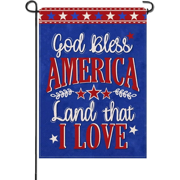 God Bless America 4th of July Patriotic Small Decorative Garden Flag, Land That I Love American Blue Yard Lawn Outside Decor, USA Stars Burlap Outdoor Home Decoration Double Sided 12 x 18